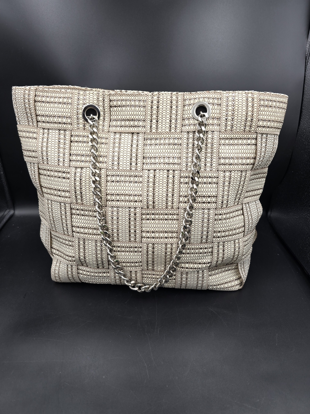 Woven Neutral Tote with Silver Chain Handles